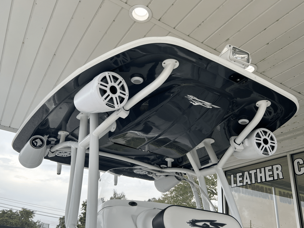 Roof of a boat with custom audio installed