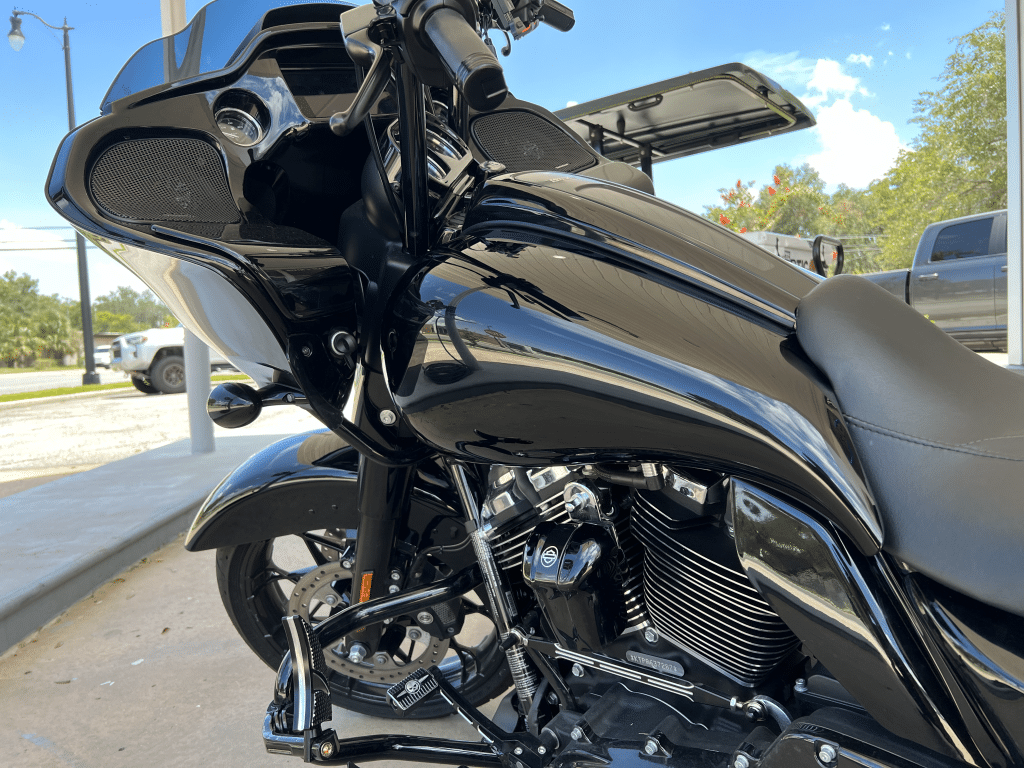 Close up of motorcycle with custom audio installed