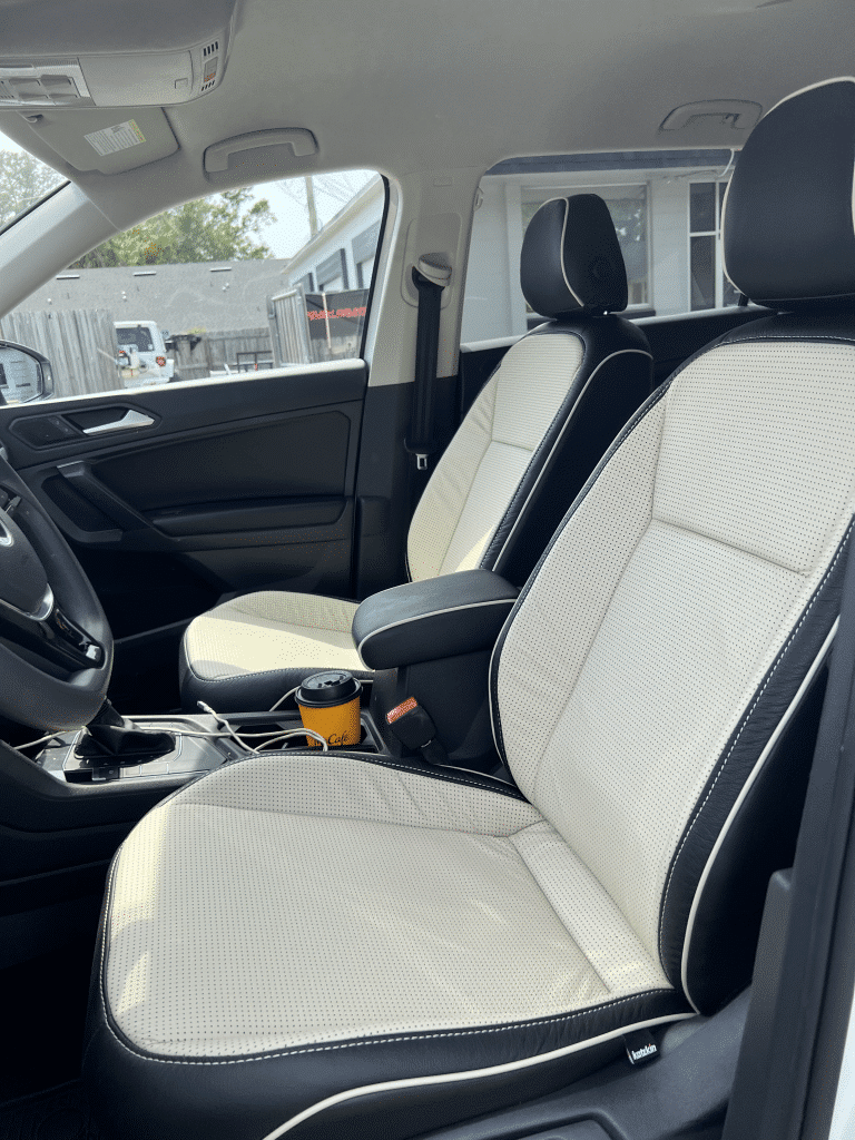 Custom leather seating in car.